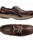Pair of Brown leather boat shoes with beige laces, light mesh panels, Dunham logo'd footbed, beige midsole and brown outsole.