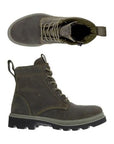 Pair of brown full-grain leather combat boots with an adjustable lace closure, side zipper and a rugged black rubber outsole.