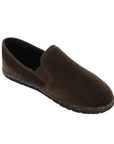 Brown slip-on slipper with a corduroy upper and a textured black and brown rubber outsole.