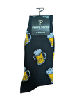 Black crew socks with beer mug design folded in the black Perri's packaging