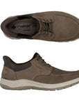 Pair of Brown leather step in sneakers with elastic laces, Rieker logo'd footbed, beige midsole and brown outsole.