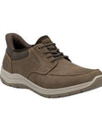 Brown leather step in sneaker with elastic laces, beige midsole and brown outsole.