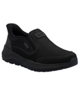 Black leather slip on shoe with side goring elastic and thick black rubber outsole.