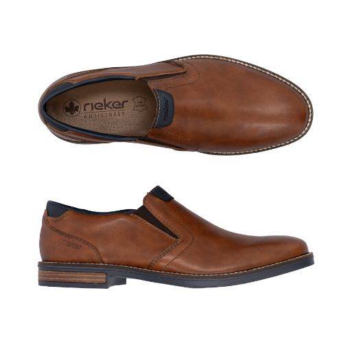 Pair of Men's brown leather slip on dress shoes with navy accents, Rieker logo'd tan footbed and accent stitching.