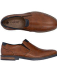 Pair of Men's brown leather slip on dress shoes with navy accents, Rieker logo'd tan footbed and accent stitching.