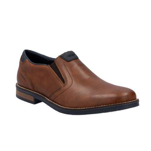 Men's brown leather slip on dress shoe with navy accents and accent stitching.