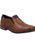 Men's brown leather slip on dress shoe with navy accents and accent stitching.