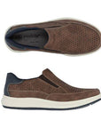 Top and side views of Men's Rieker 16952 Slip-On Sneakers showing brown perforated leather and navy heel accent for easy everyday wear.