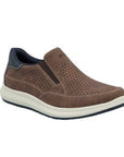 Men's Rieker 16952 Slip-On Sneakers in brown with perforated upper and cushioned white sole for breathable comfort and casual style.