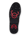 Black treaded outsole with red flip grips.