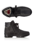 Pair of black leather boots with laces, zipper, fur lining and a rugged outsole .