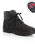 Black lace up leather ankle boot with accent stitching and icon showing outsole flip grips.
