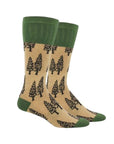 Hemp mid-calf socks with black fir tree pattern and green cuff, heel and toe.