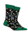 Socksmith Men's Time For Tennis Socks featuring tennis rackets and balls on a black background with green accents, available at White-Balmer Shoes.