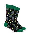 Socksmith Men's Time For Tennis Socks featuring tennis rackets and balls on a black background with green accents.