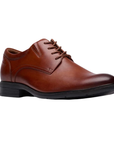 Brown derby dress shoe with burnished toe, detailed stitching and black outsole.