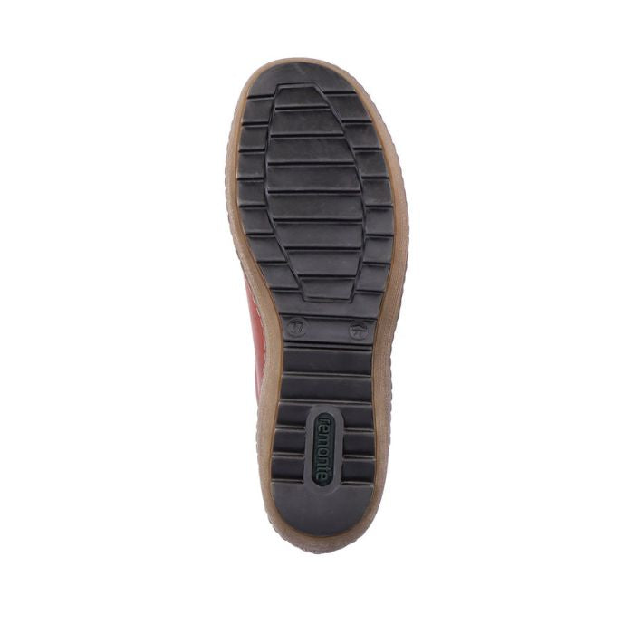 Black rubber outsole with traction with green Remonte logo on heel.