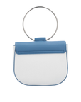 Back of a blue and white faux leather shoulder bag with a silver-tone metal O-ring handle.