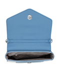 A light blue faux leather bag shown open, displaying its interior, silver-tone hardware, and a gray quilted lining.
