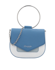 A blue and white faux leather shoulder bag with a silver-tone metal O-ring handle, chain strap, and a silver-tone logo on the front flap.