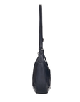 A dark navy faux leather shoulder bag shown from a side profile view.