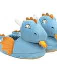 Blue dragon slippers with orange accents and light up eyes.