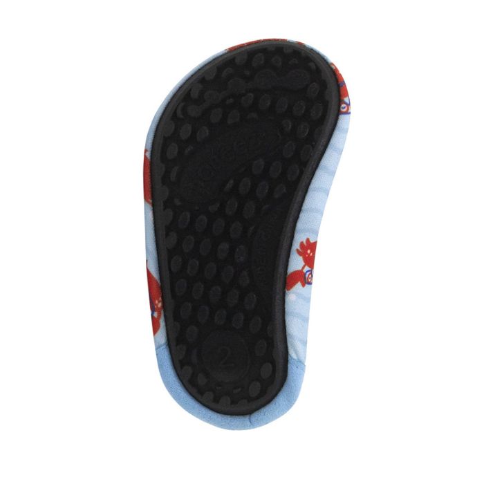 Thin black rubber outsole on baby's water shoe.