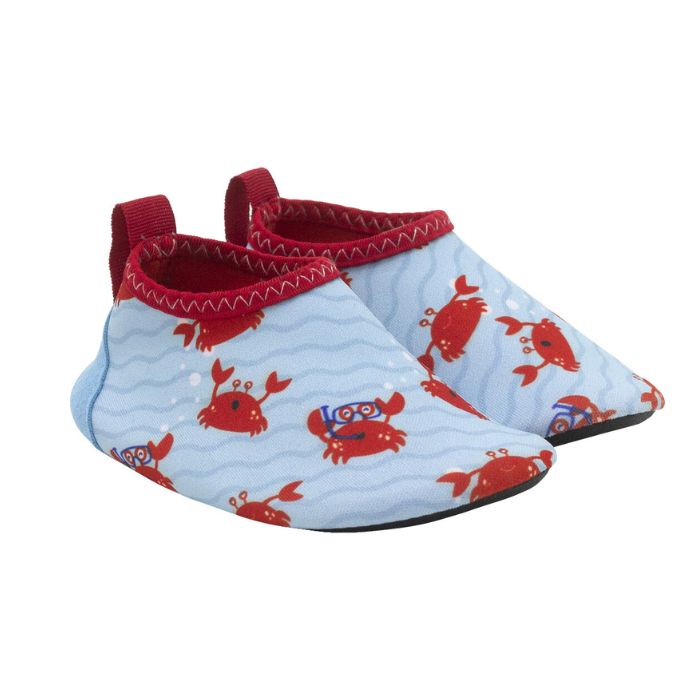 Blue spandex baby shoes with red crabs snorkeling and swimming with a thin black rubber outsole.