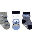 Three baby socks with different car designs in greys, blues and black/white striped.