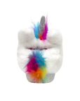 Tail and mane view of Unicorn-shaped slippers with rainbow hair, light up eyes and silver glittery stars and horn.