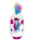 Unicorn-shaped slippers with rainbow hair, light up eyes, silver glittery horn and pink footbed.