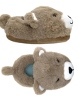 Pair of brown bear-shaped slippers with light-up eyes, fluffy tail and blue footbed.