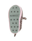 Grey outsole on leopard kids slipper with star pattern grips and Robeez logo in middle.