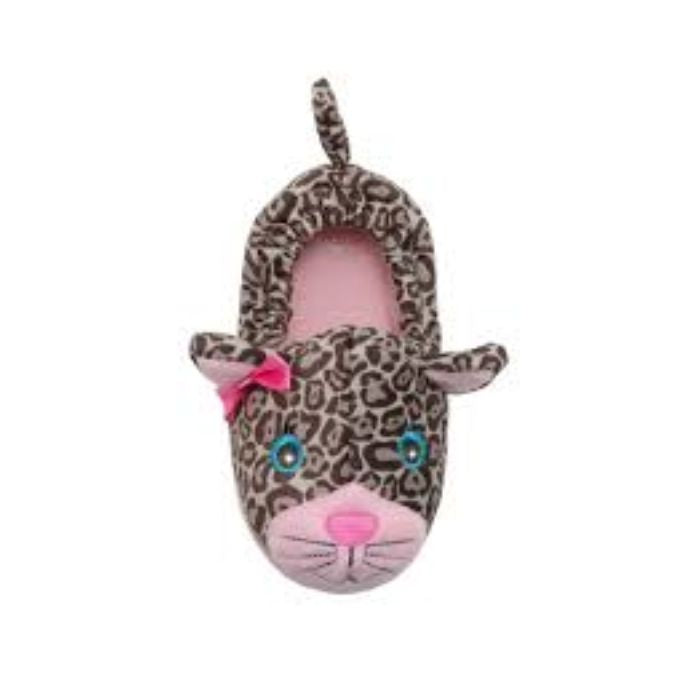 Leopard kids slipper with 3D tail, ears and bow with cute pink muzzle, whiskers and light up eyes.
