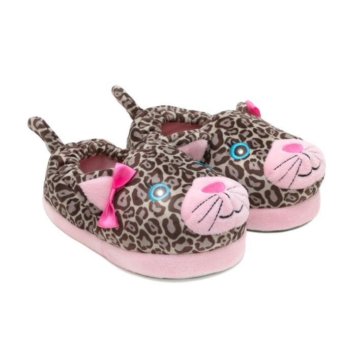 Pair of leopard kids slippers with 3D tail, ears and bow with cute pink muzzle, whiskers and light up eyes.