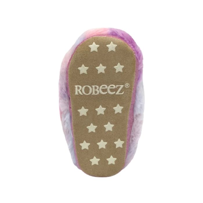 Suede outsole on slipper with star anti-slip grip pattern and Robeez logo in middle.