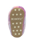 Suede outsole on slipper with star anti-slip grip pattern and Robeez logo in middle.