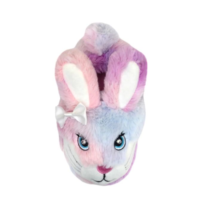 Fluffy pink and purple bunny slipper with 3D ears, tail and bow.