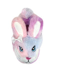 Fluffy pink and purple bunny slipper with 3D ears, tail and bow.