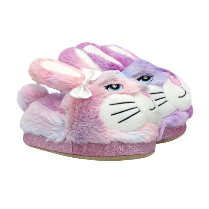 Pair of fluffy pink and purple bunny slippers with 3D ears, tail and bow.