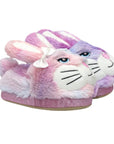 Pair of fluffy pink and purple bunny slippers with 3D ears, tail and bow.