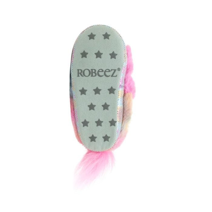 Grey outsole on slipper with star pattern grips and Robeez logo in middle.