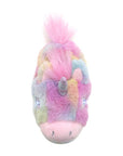 Top of pastel rainbow unicorns slipper with 3D horn, ears, mane and tail with light up eyes and rainbow midsole.