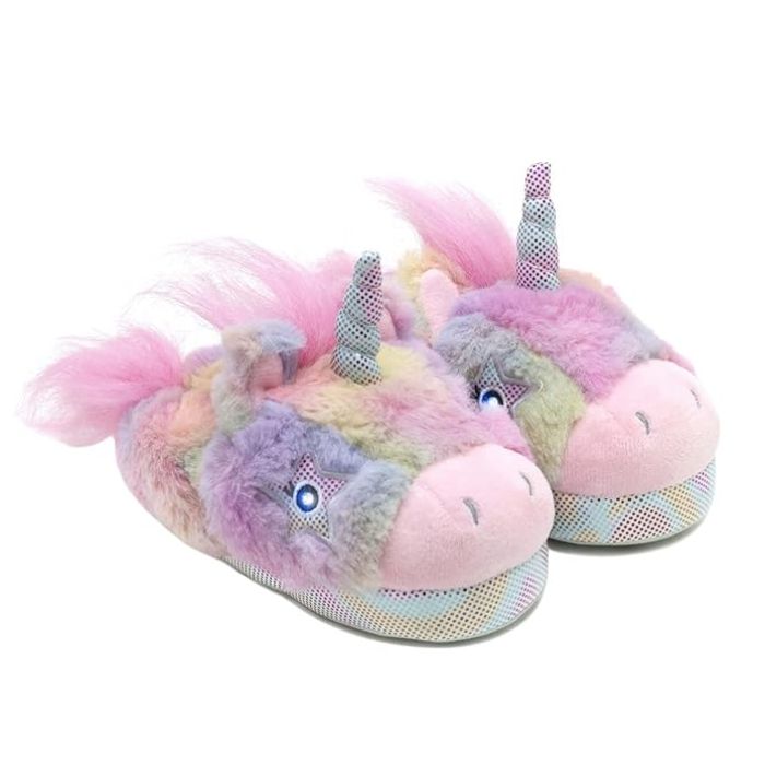 Pair of pastel rainbow unicorn slippers with 3D horn, ears, mane and tail with light up eyes and rainbow midsole.