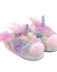 Pair of pastel rainbow unicorn slippers with 3D horn, ears, mane and tail with light up eyes and rainbow midsole.