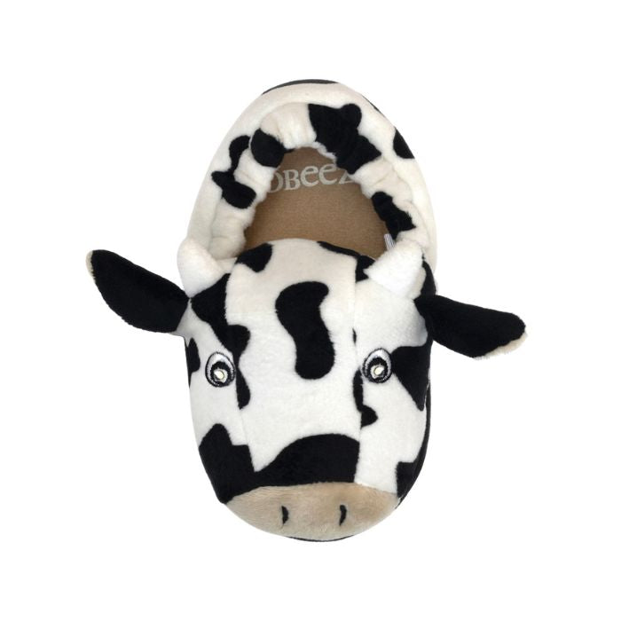 Smiling cow slipperwith 3D horns and ears and beige Robeez logo'd footbed.
