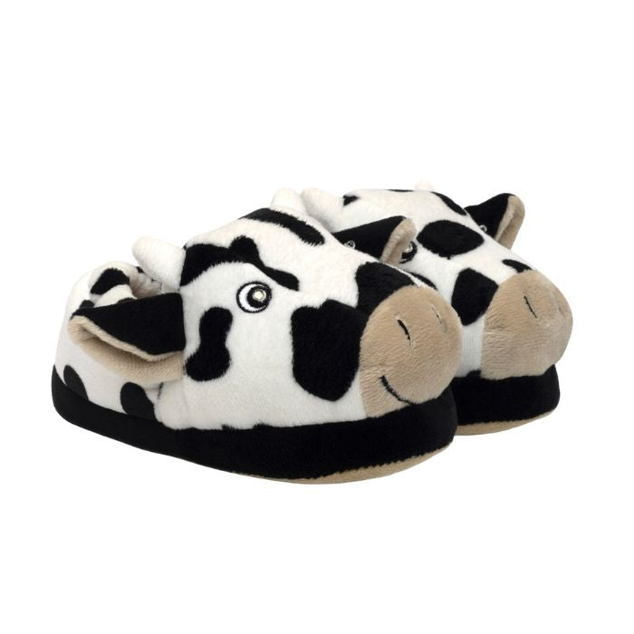 Pair of smiling cow slippers with 3D horns and ears and black midsole.