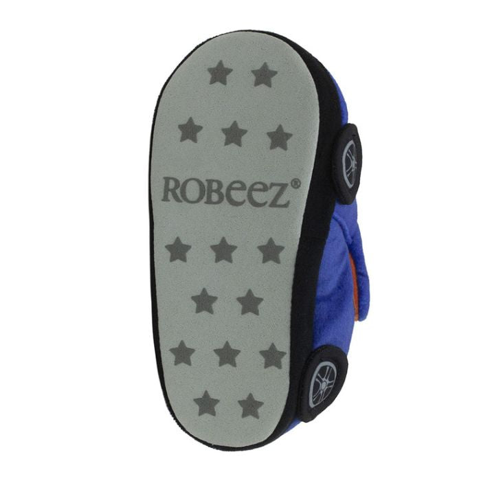 Grey suede slipper outsole with star grip pattern and Robeez logo in middle.