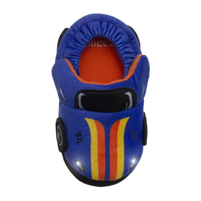 Top of blue race car slipper with 3D tires, orange and yellow racing stripes and an orange Robeez logo'd foot bed.