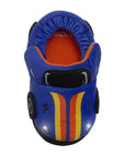 Top of blue race car slipper with 3D tires, orange and yellow racing stripes and an orange Robeez logo'd foot bed.